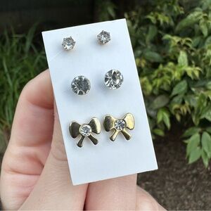 3 Gold Faux Diamond Stud Earrings w/ Bow